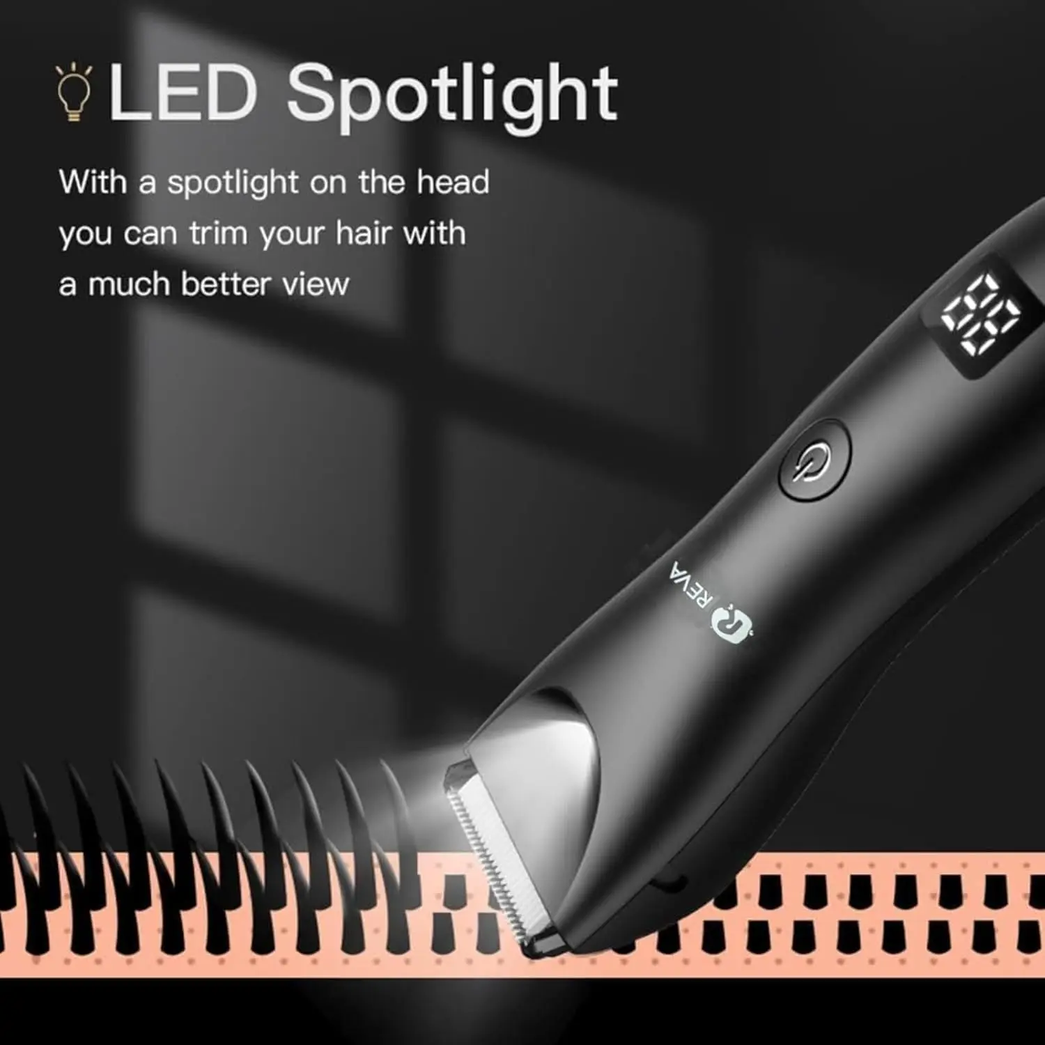 The Reva hair trimmer features a built-in spotlight and LED display, offering precise, safe trimming with ceramic blades and fast charging capabilities for cordless use.
