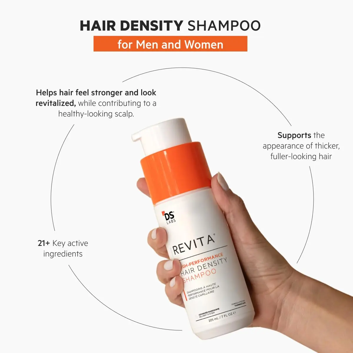 DS Labs Revita Shampoo provides a refreshing cleanse for men and women experiencing hair thinning, promoting fuller, more voluminous looking hair.