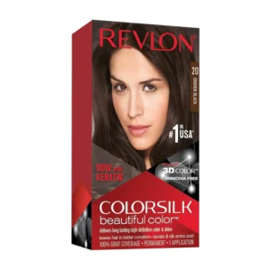 Revlon Colorsilk brown black hair color provides permanent, at-home gray coverage with keratin and silk amino acids for healthy, shiny hair.