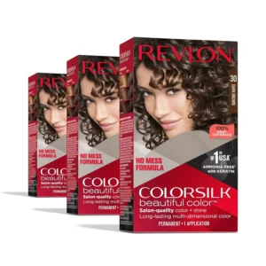 This is a 3-piece pack of REVLON Colorsilk permanent hair dye in dark brown shade, offering hygienic packaging.