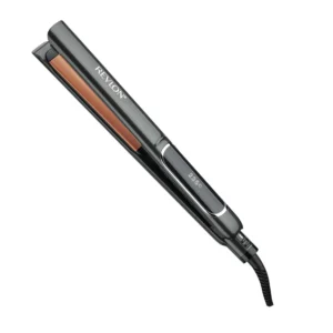 Revlon hair straightener with copper ceramic plates for smooth glide and shiny, professional styling up to 235 degrees Celsius.