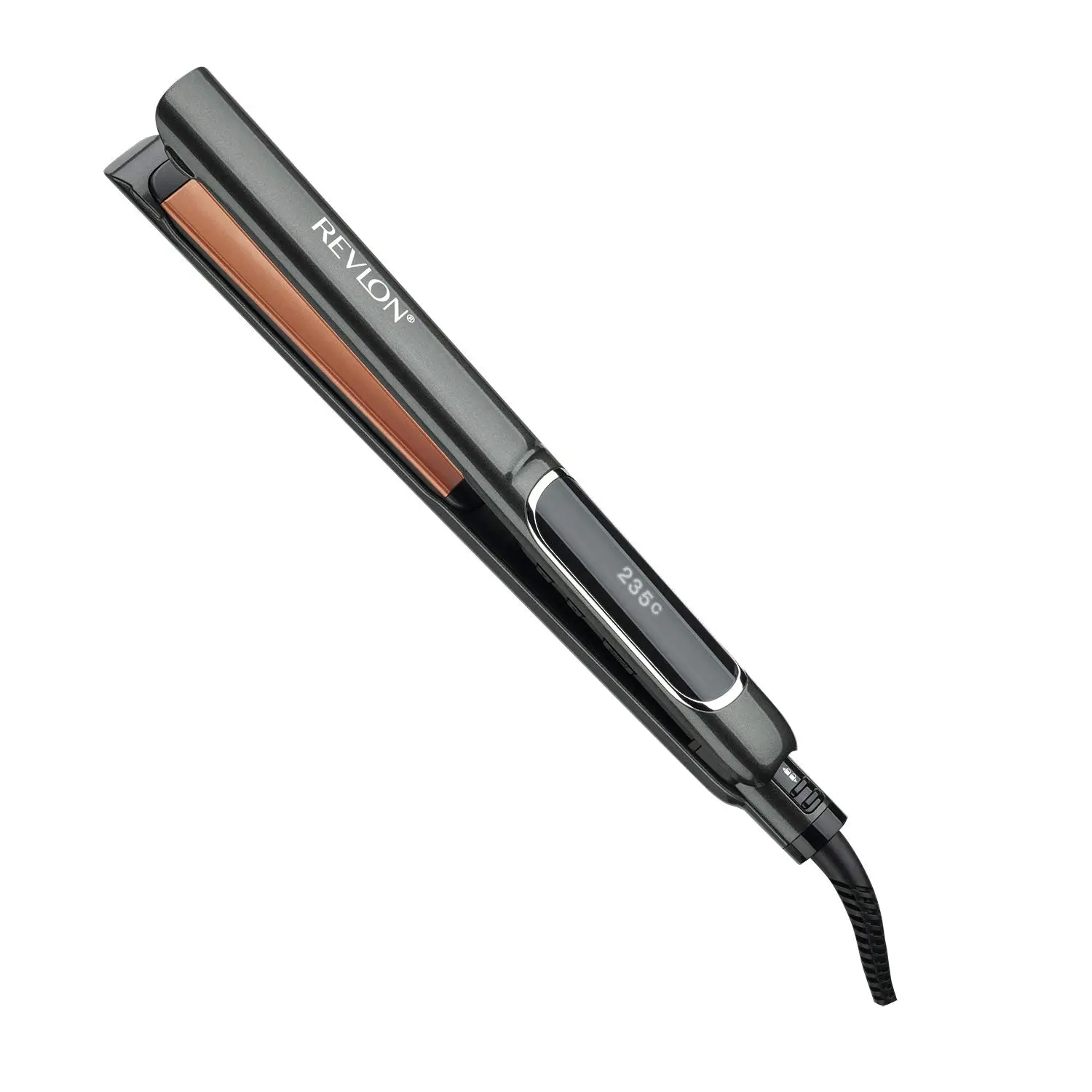 Revlon hair straightener with copper ceramic plates for smooth glide and shiny, professional styling up to 235 degrees Celsius.