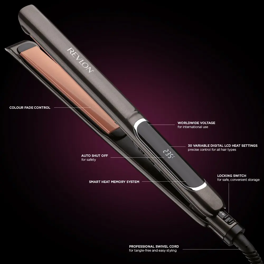 Revlon hair straightener with copper ceramic plates for smooth glide and shiny, professional styling up to 235 degrees Celsius.