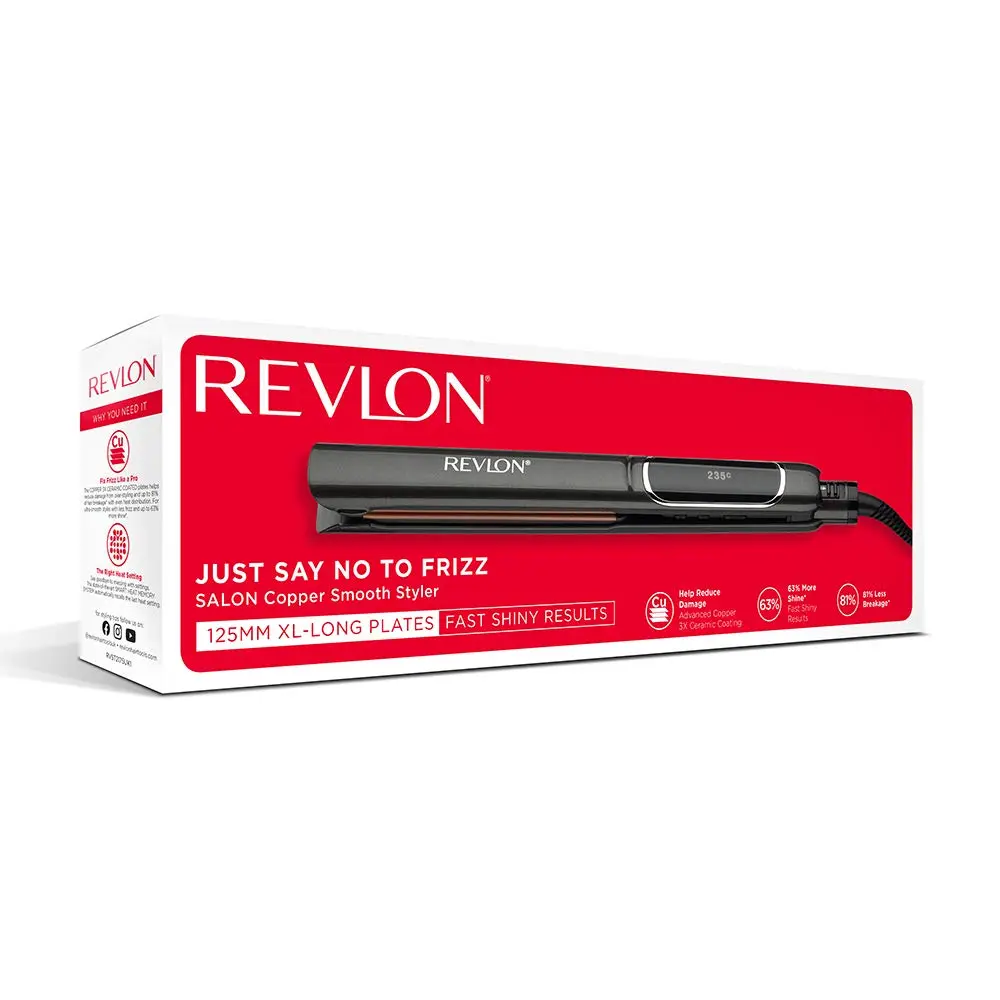 Revlon hair straightener with copper ceramic plates for smooth glide and shiny, professional styling up to 235 degrees Celsius.