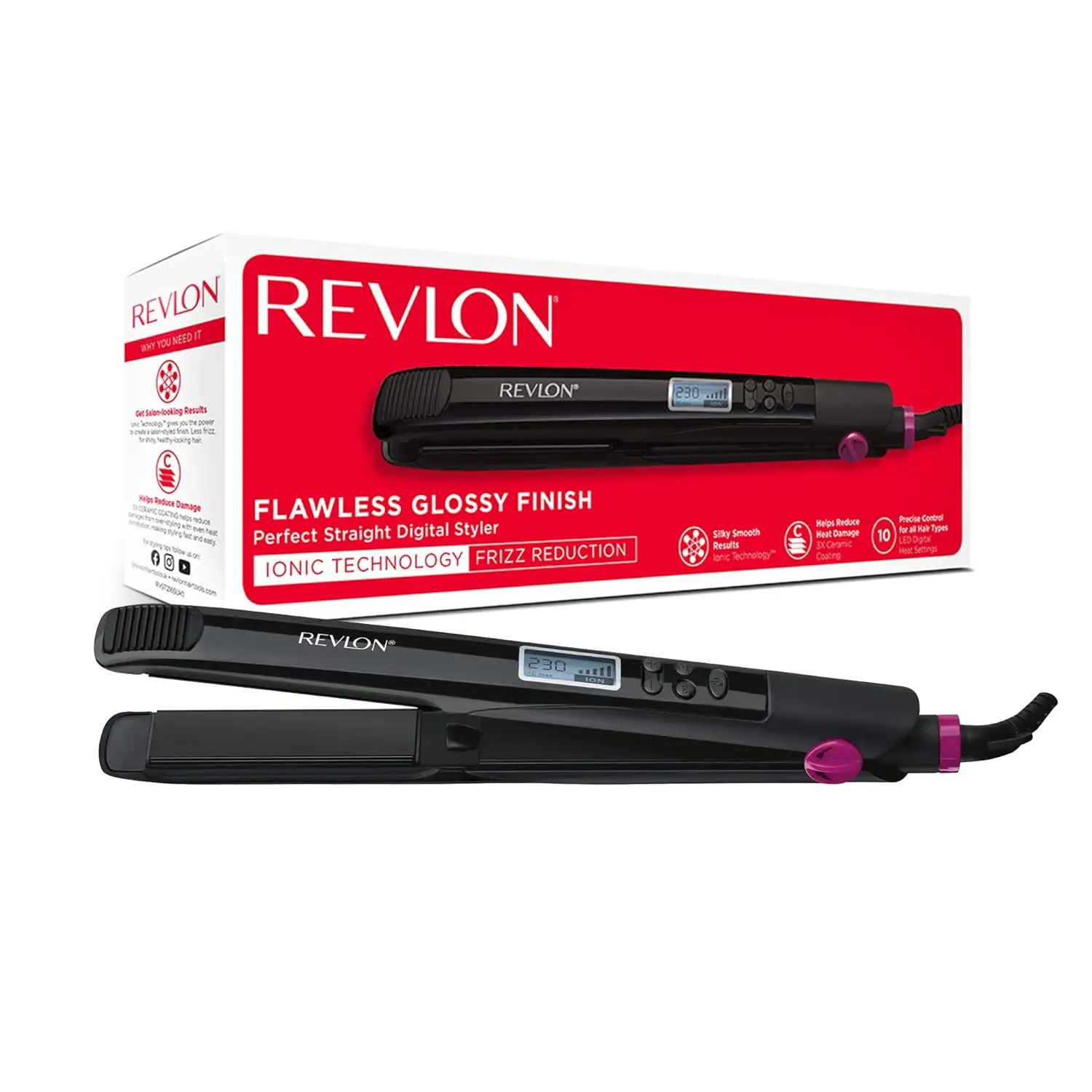 Revlon hair straightener with copper ceramic plates for smooth glide and shiny, professional styling up to 235 degrees Celsius.