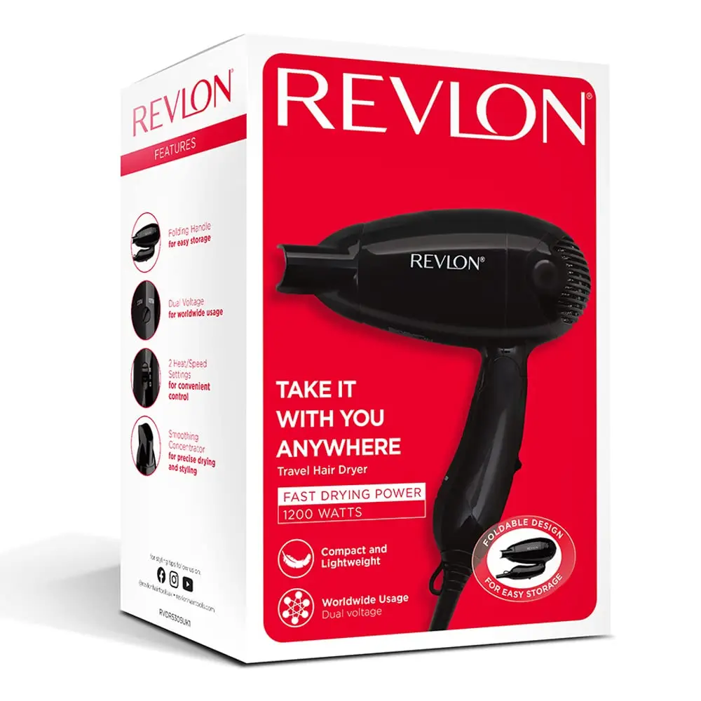 The Revlon folding travel hair dryer features a compact, lightweight design with dual voltage and two heat settings for worldwide use and convenient storage.