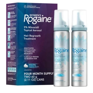 This image shows Rogaine Women's 5% Minoxidil Foam, a once-a-day topical treatment that helps women regrow fuller, thicker hair and combat hair loss.