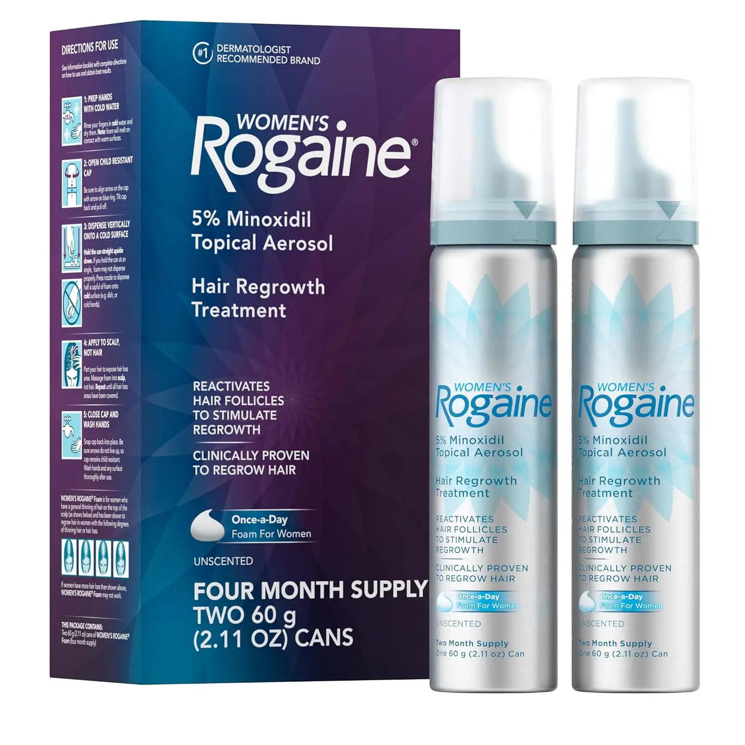 This image shows Rogaine Women's 5% Minoxidil Foam, a once-a-day topical treatment that helps women regrow fuller, thicker hair and combat hair loss.