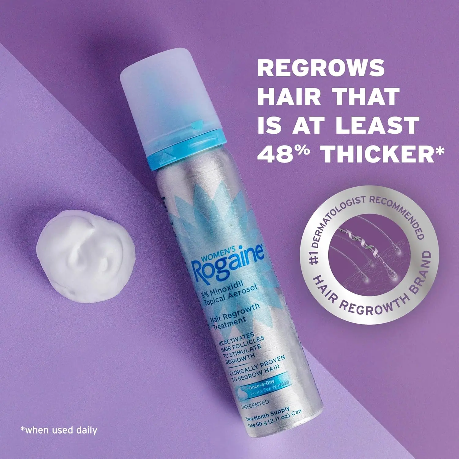 This image shows Rogaine Women's 5% Minoxidil Foam, a once-a-day topical treatment that helps women regrow fuller, thicker hair and combat hair loss.