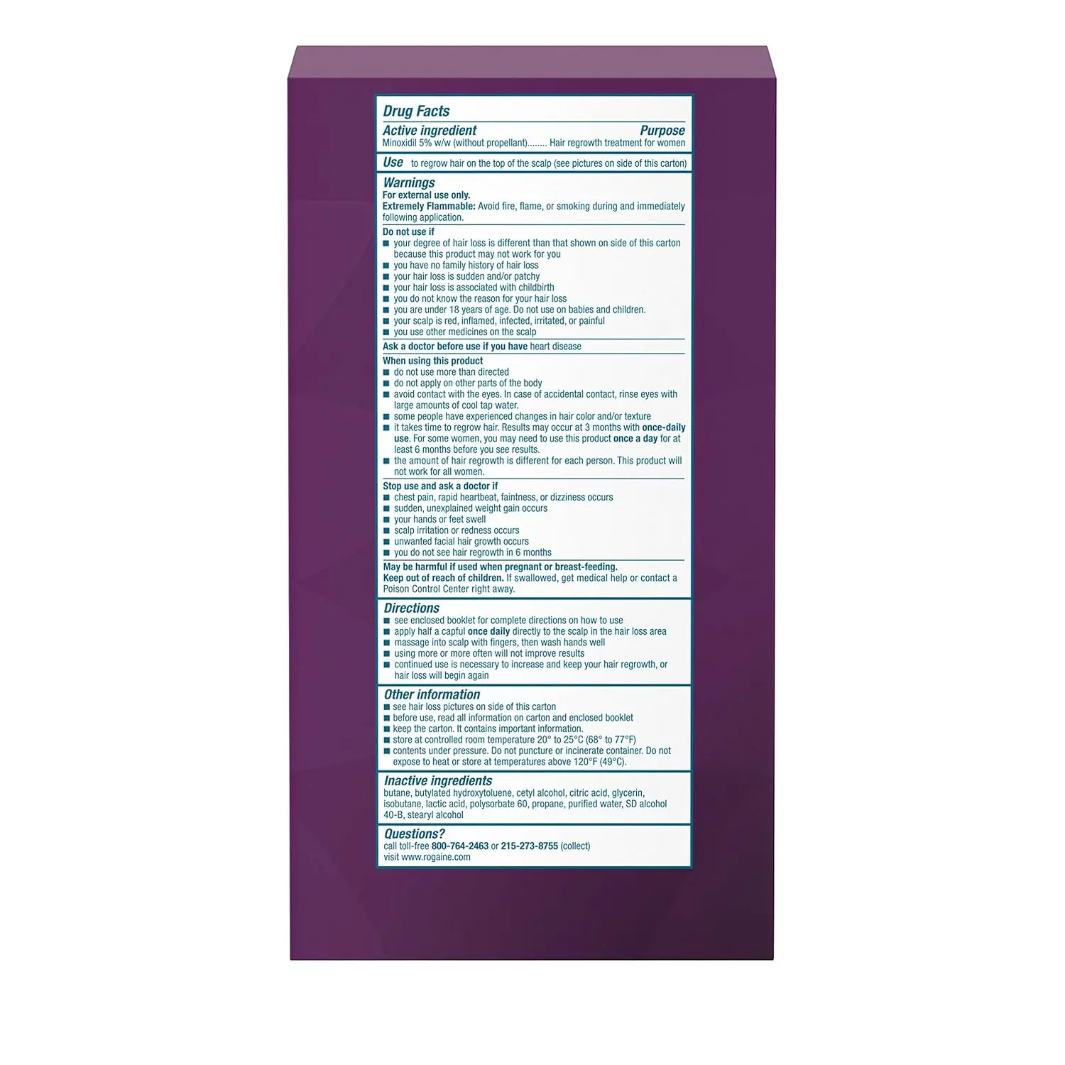 This image shows Rogaine Women's 5% Minoxidil Foam, a once-a-day topical treatment that helps women regrow fuller, thicker hair and combat hair loss.