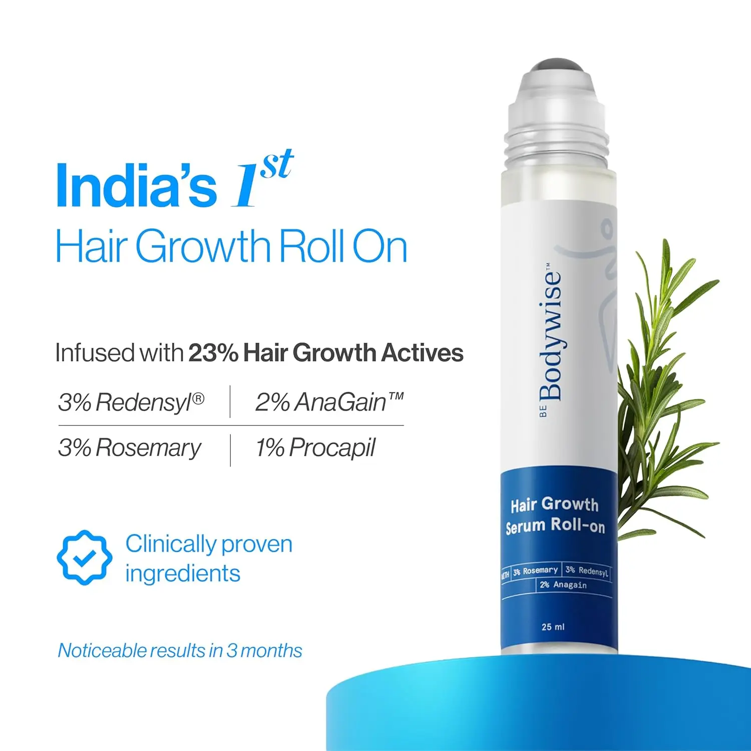 Be Bodywise rosemary hair growth serum roll on, containing Redensyl and Anagain, stimulates hair follicles for men and women, and controls hair fall while improving hair density.