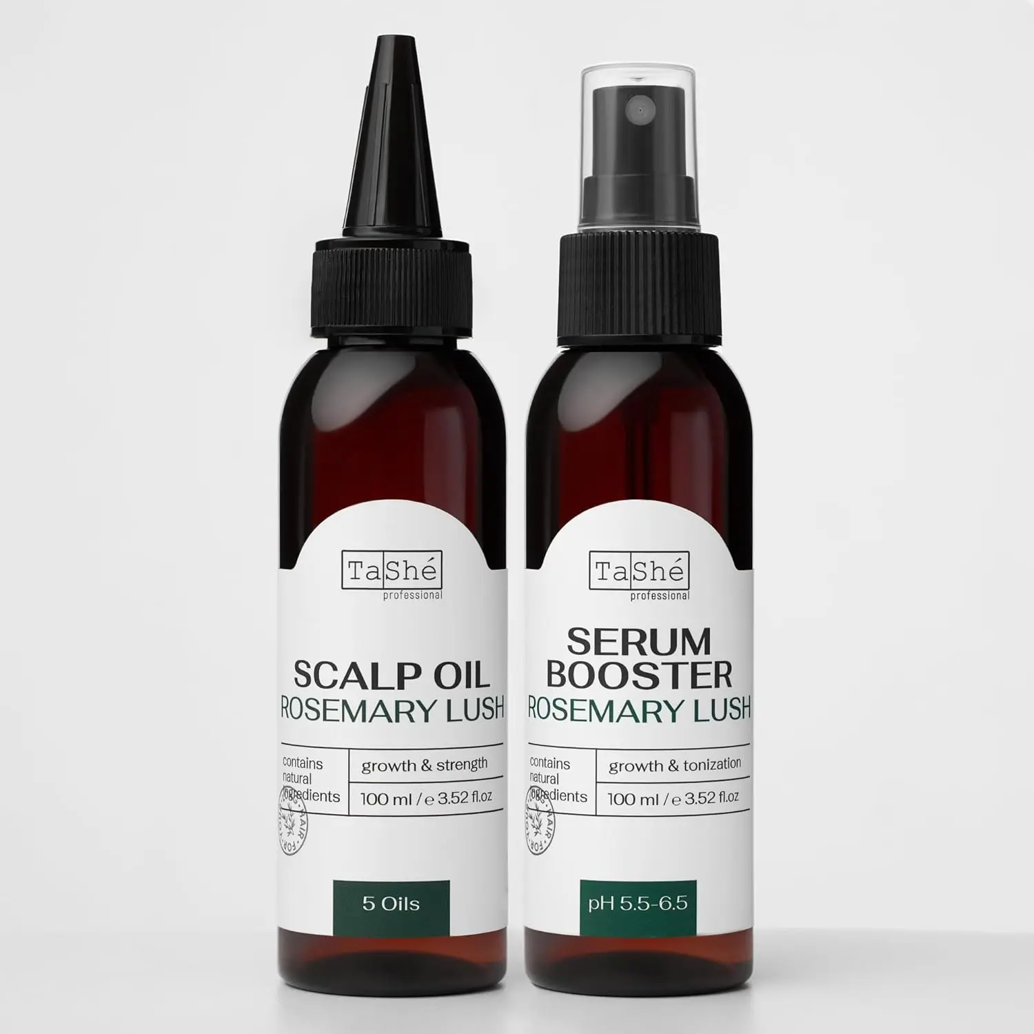 Tashe Professional rosemary and biotin hair growth serum and oil set designed to strengthen and nourish hair for thicker, healthier looking results.