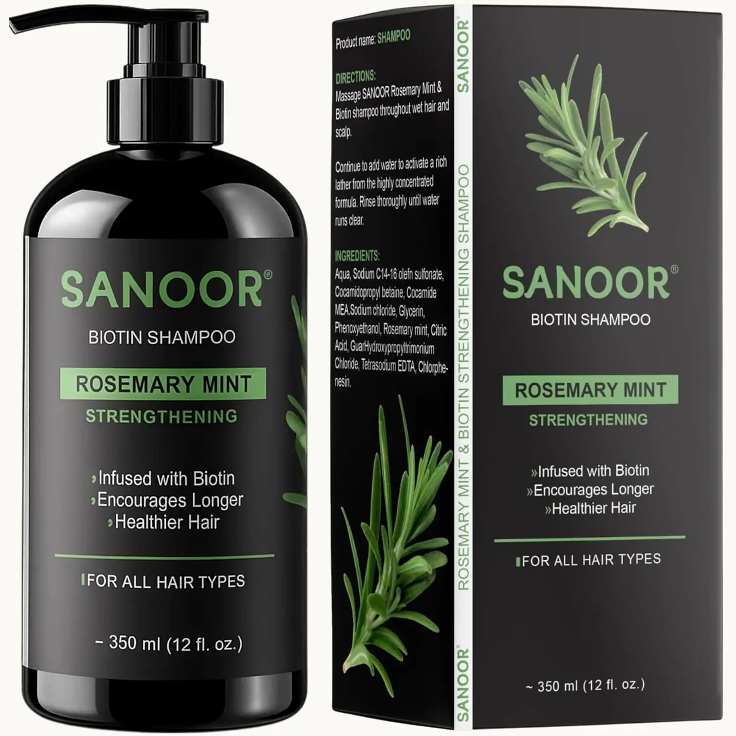 Sanoor rosemary mint shampoo infused with biotin promotes hair growth, reduces dandruff, and soothes itchy scalp, ideal for all hair types.