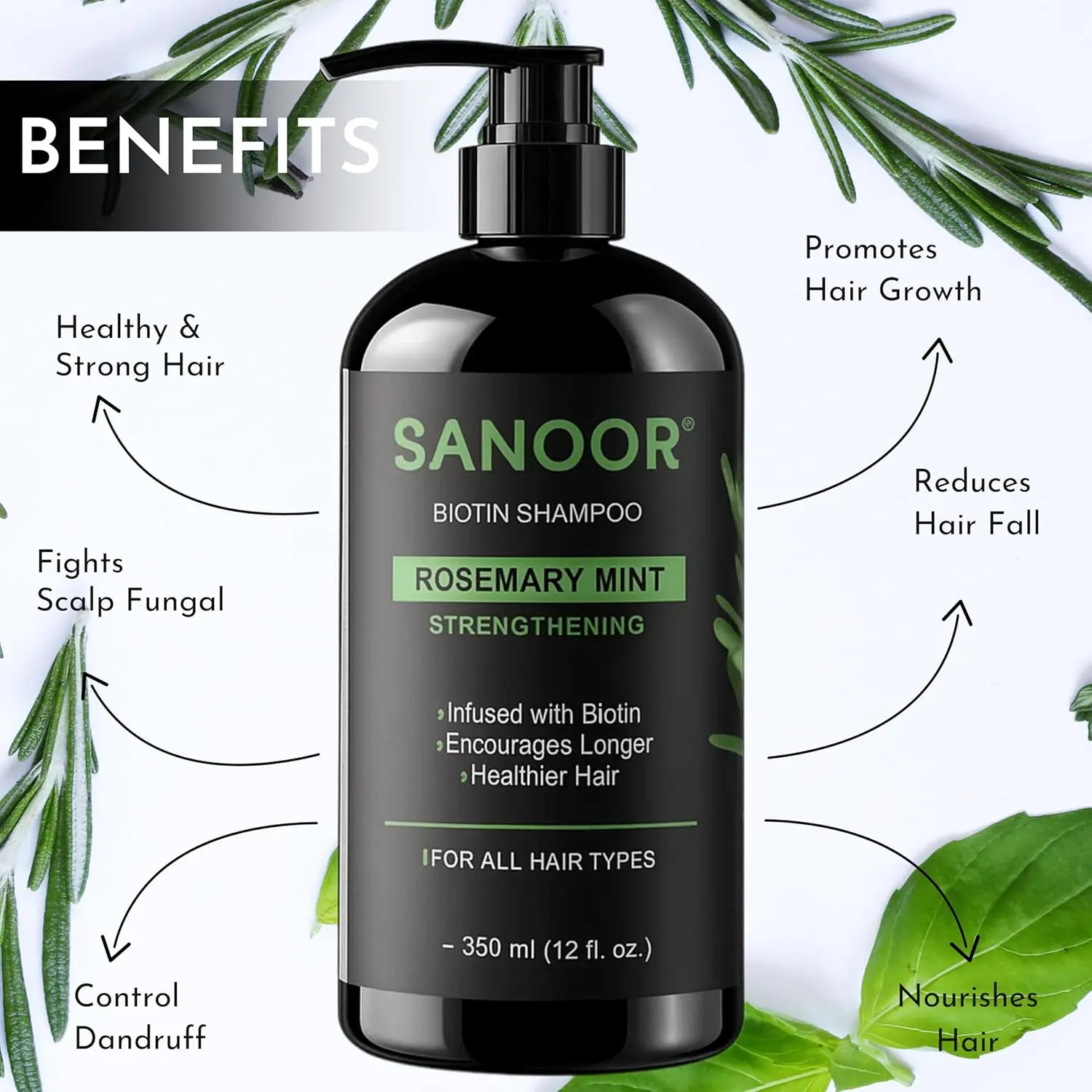 Sanoor rosemary mint shampoo infused with biotin promotes hair growth, reduces dandruff, and soothes itchy scalp, ideal for all hair types.