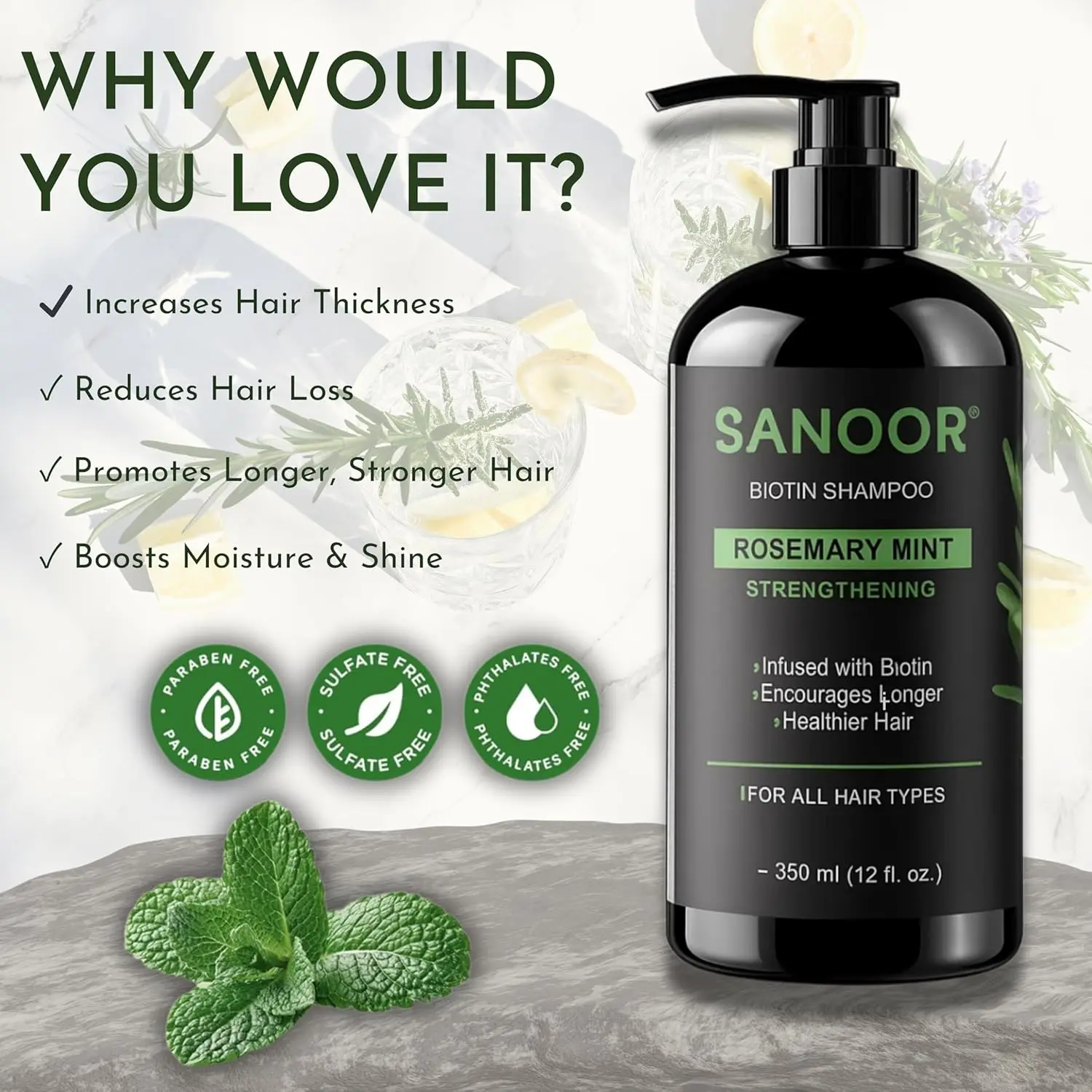 Sanoor rosemary mint shampoo infused with biotin promotes hair growth, reduces dandruff, and soothes itchy scalp, ideal for all hair types.