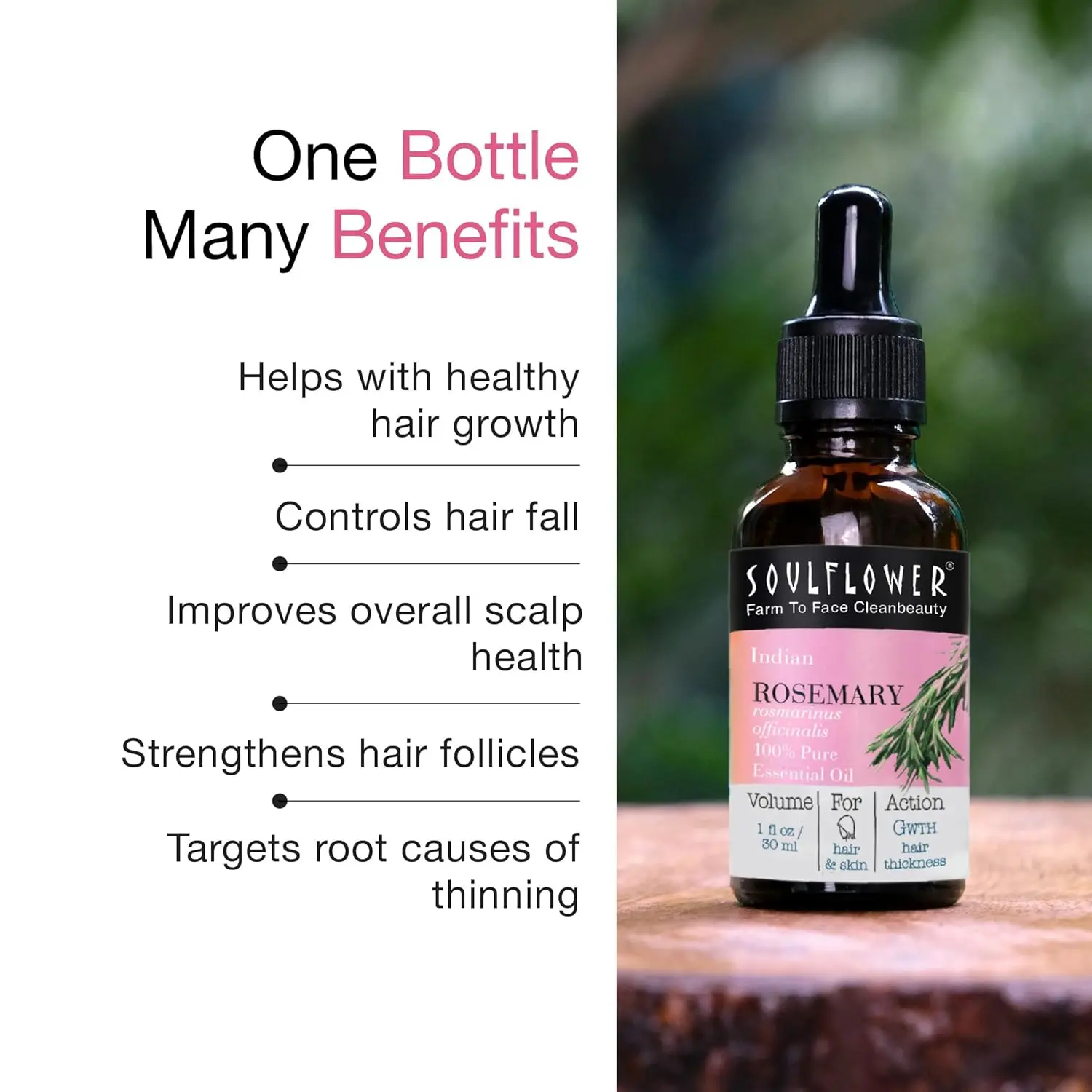 Soulflower organic rosemary essential oil promotes hair growth and scalp nourishment, ideal for hairfall control.