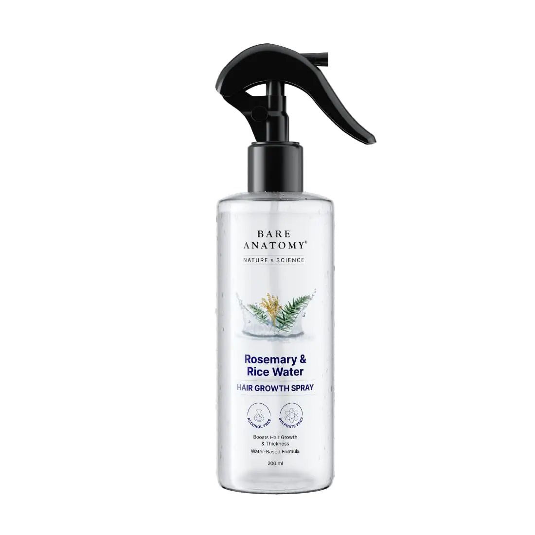Bare Anatomy rosemary water and rice water spray promotes hair growth and thickness, leaving hair soft, smooth, and manageable.