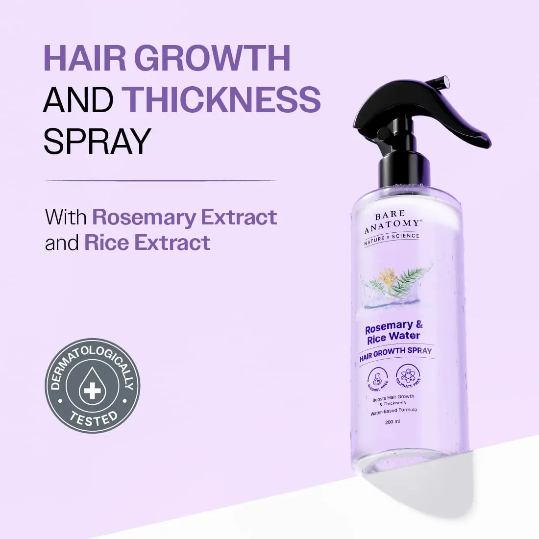 Bare Anatomy rosemary water and rice water spray promotes hair growth and thickness, leaving hair soft, smooth, and manageable.