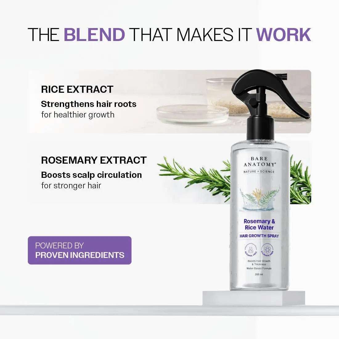 Bare Anatomy rosemary water and rice water spray promotes hair growth and thickness, leaving hair soft, smooth, and manageable.