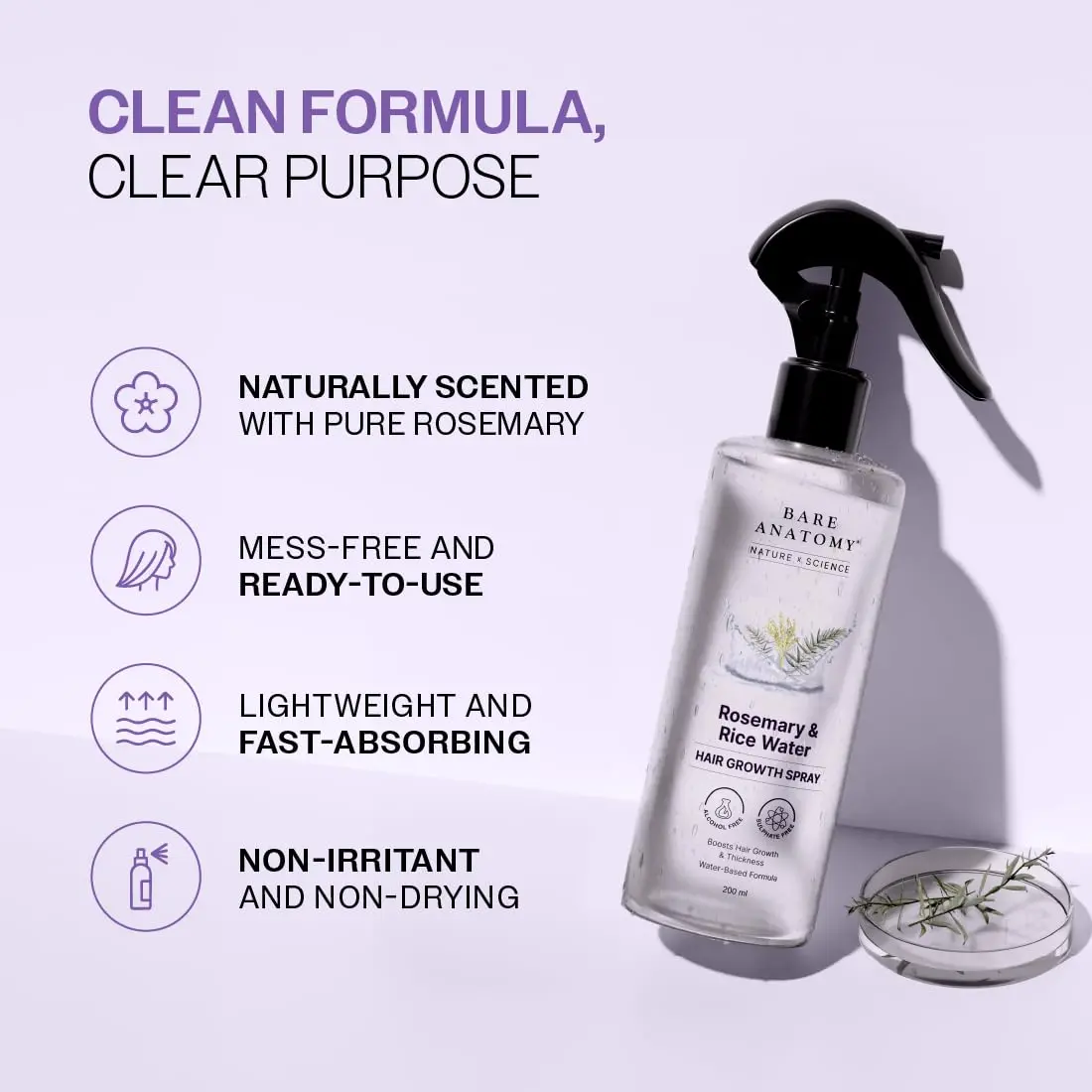 Bare Anatomy rosemary water and rice water spray promotes hair growth and thickness, leaving hair soft, smooth, and manageable.