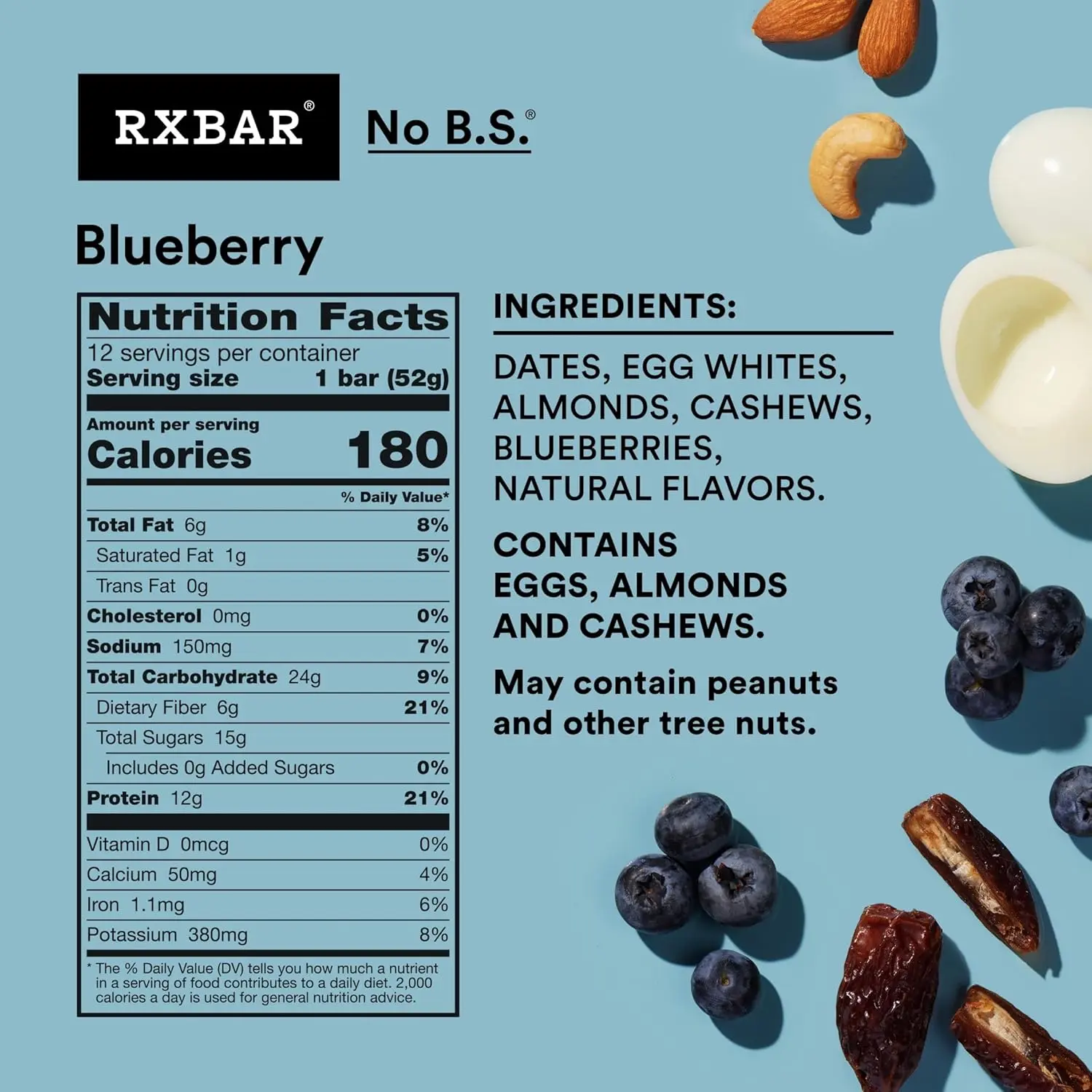 Twelve RXBAR blueberry protein snack bars, each weighing 0.624 pounds or 1.375 kilograms, perfect for a protein-packed snack.