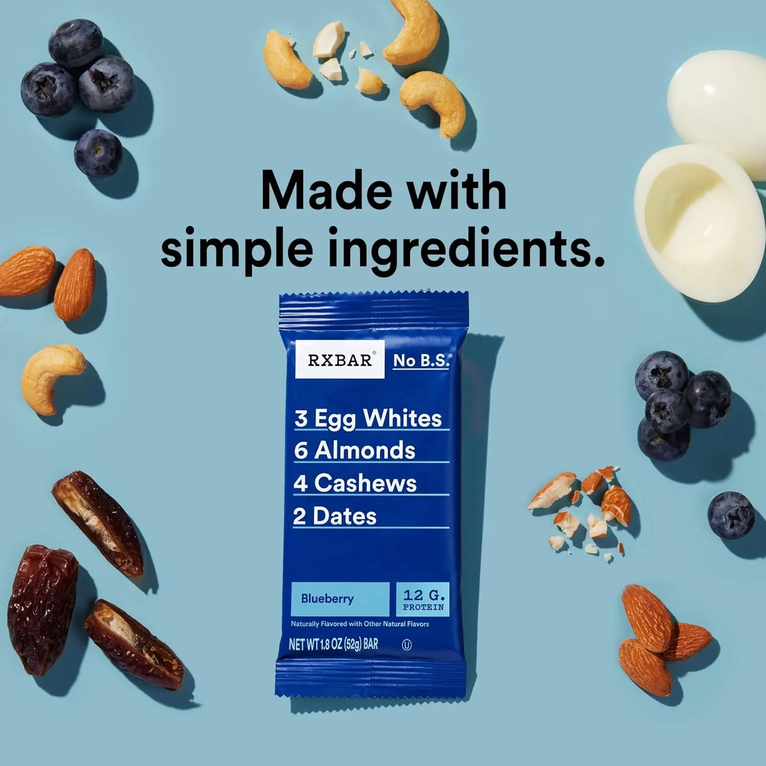 Twelve RXBAR blueberry protein snack bars, each weighing 0.624 pounds or 1.375 kilograms, perfect for a protein-packed snack.