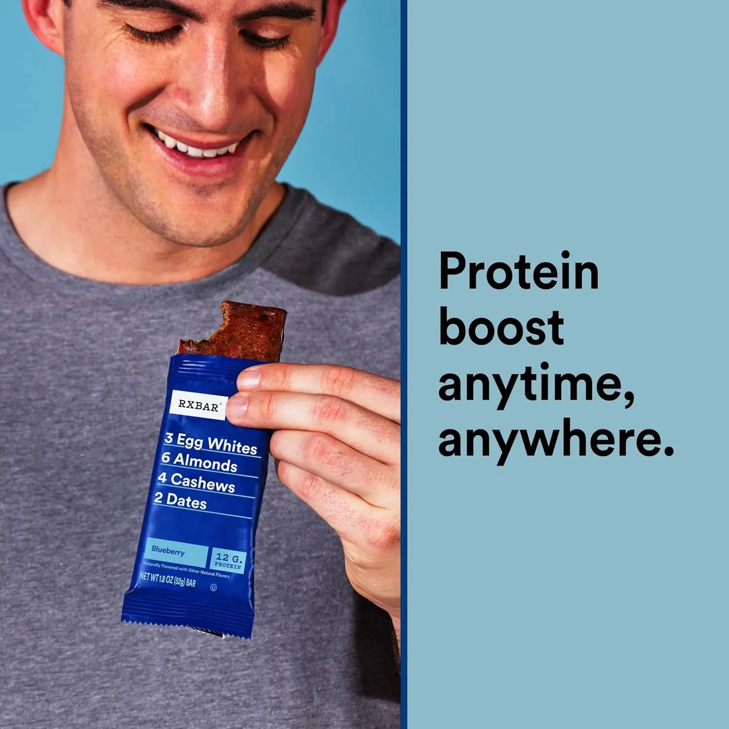 Twelve RXBAR blueberry protein snack bars, each weighing 0.624 pounds or 1.375 kilograms, perfect for a protein-packed snack.