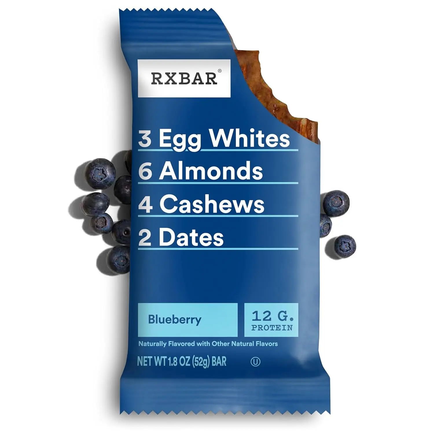 Twelve RXBAR blueberry protein snack bars, each weighing 0.624 pounds or 1.375 kilograms, perfect for a protein-packed snack.