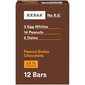 Twelve RXBAR chocolate protein bars with peanut butter flavor, a healthy snack food option.