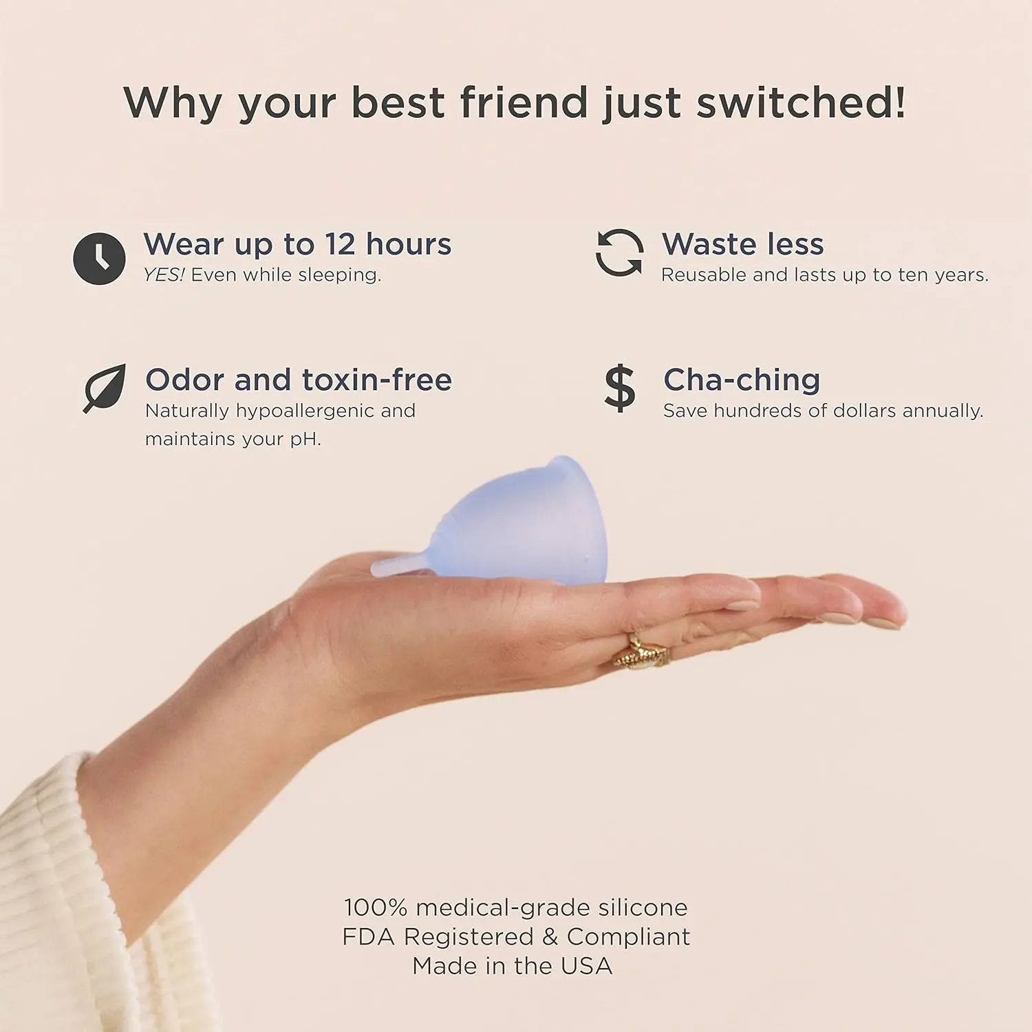 The Saalt menstrual cup is a reusable, comfortable, and body-safe alternative to tampons, providing up to 12 hours of leak-free period protection.