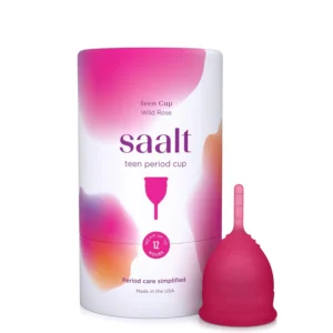 A wild rose Saalt teen menstrual cup offers up to 12 hours of leak-free, reusable period protection as a comfortable and sustainable alternative to tampons and pads.