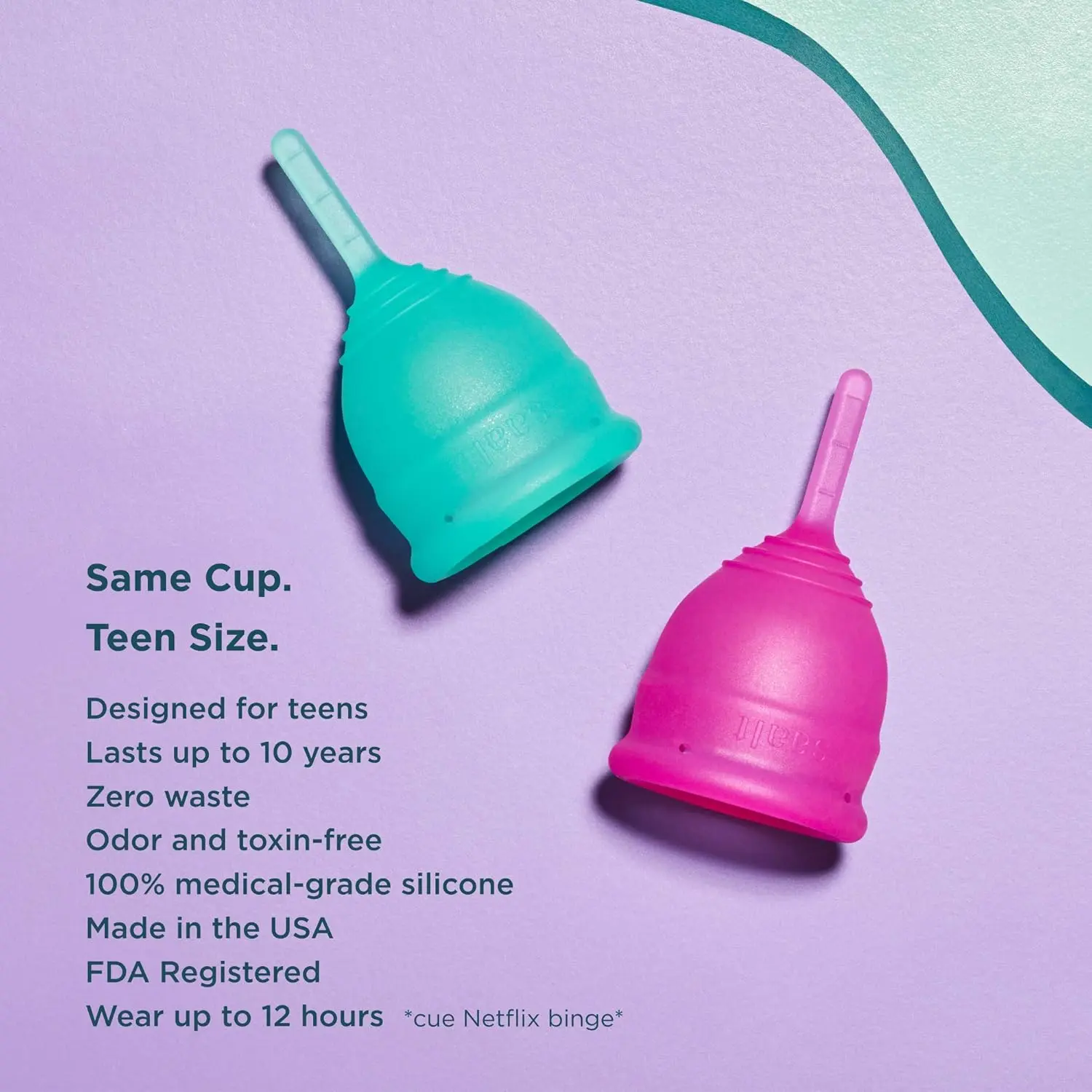 A wild rose Saalt teen menstrual cup offers up to 12 hours of leak-free, reusable period protection as a comfortable and sustainable alternative to tampons and pads.
