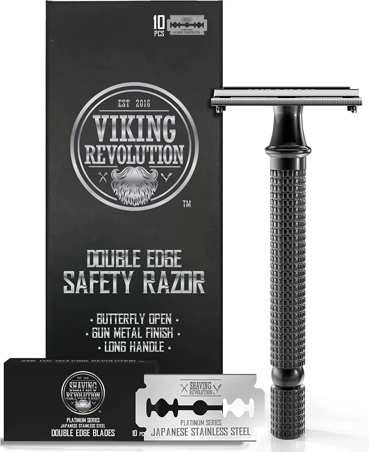 This durable stainless steel double edge safety razor for men provides a close, clean, and safe shave with its long handle and includes 10 Japanese stainless steel blades.