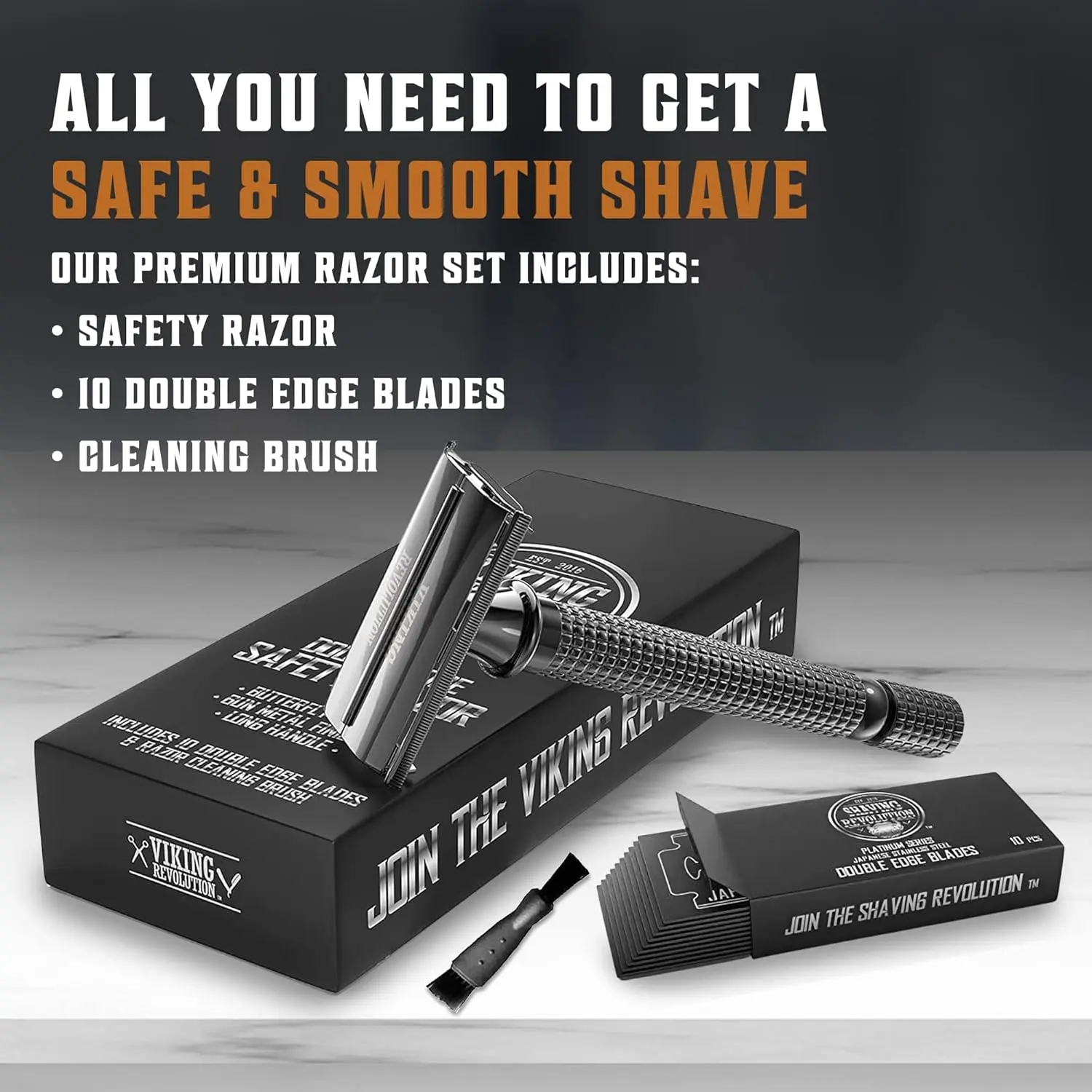 This durable stainless steel double edge safety razor for men provides a close, clean, and safe shave with its long handle and includes 10 Japanese stainless steel blades.