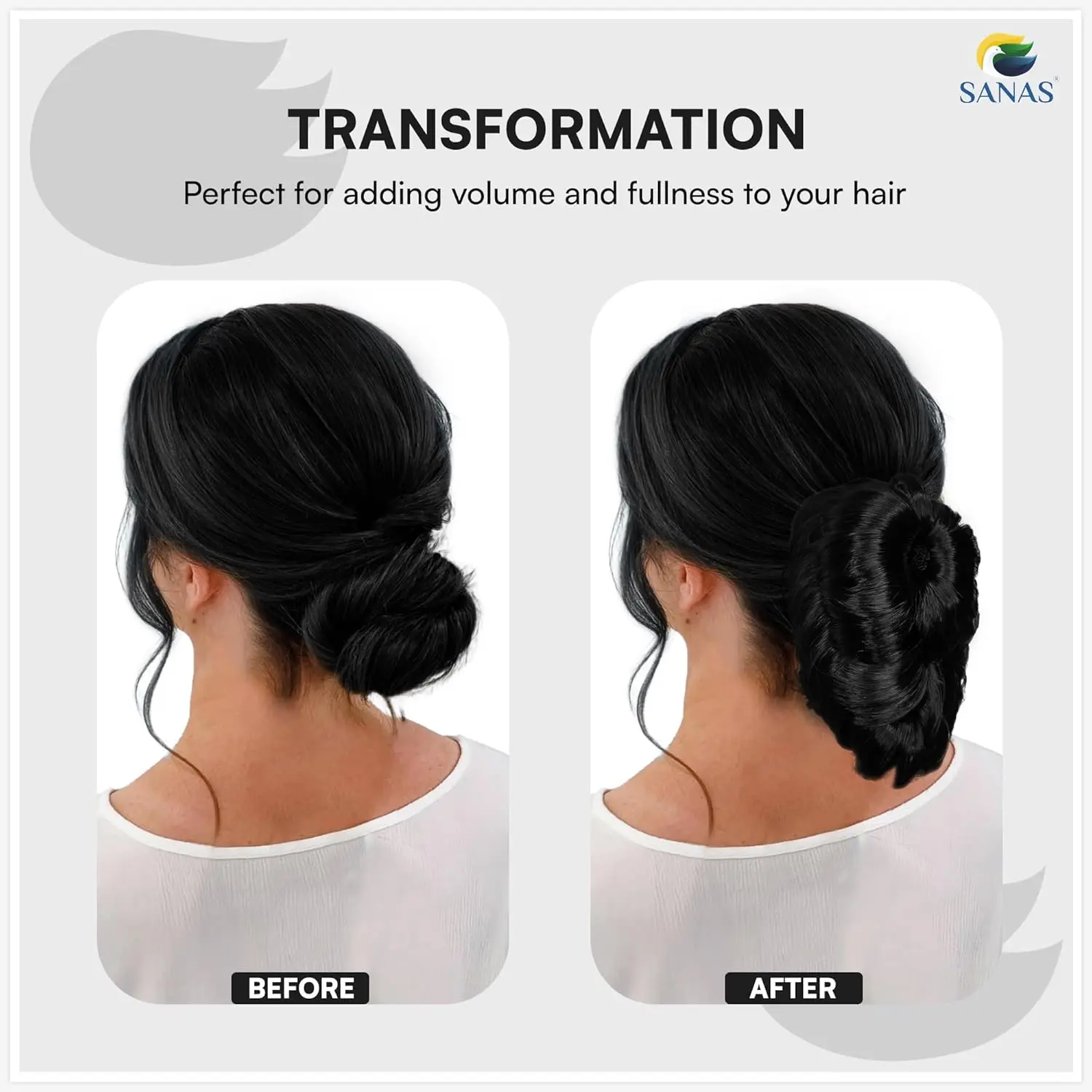 This black Sanas hair bun extension instantly adds volume and elegance to any hairstyle, perfect for special occasions and all hair types.