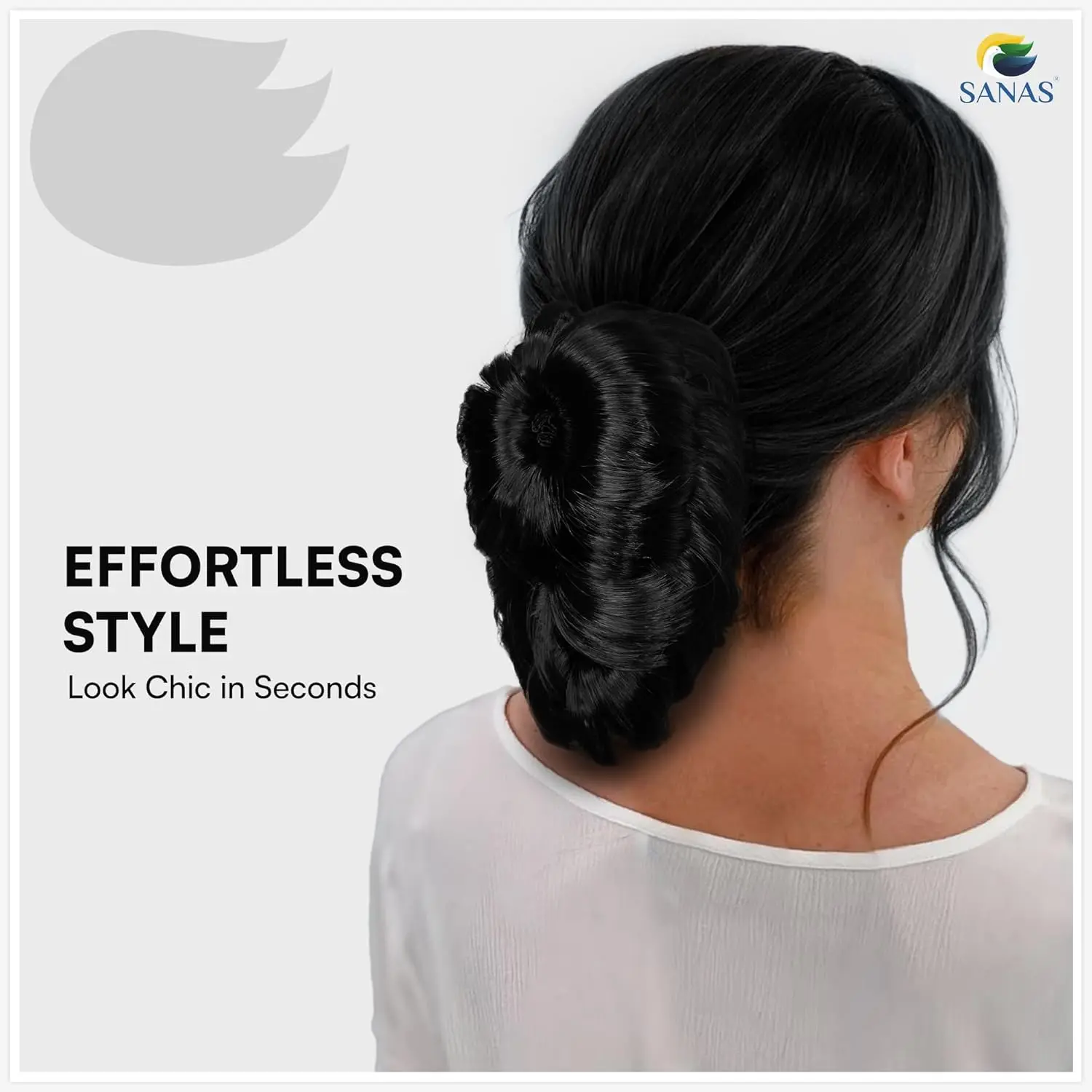 This black Sanas hair bun extension instantly adds volume and elegance to any hairstyle, perfect for special occasions and all hair types.