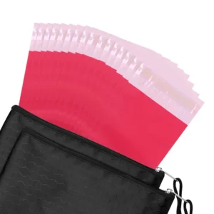 Pink sanitary disposal bags for discreetly disposing of tampons, pads, and liners, featuring an opaque design and included storage bag.