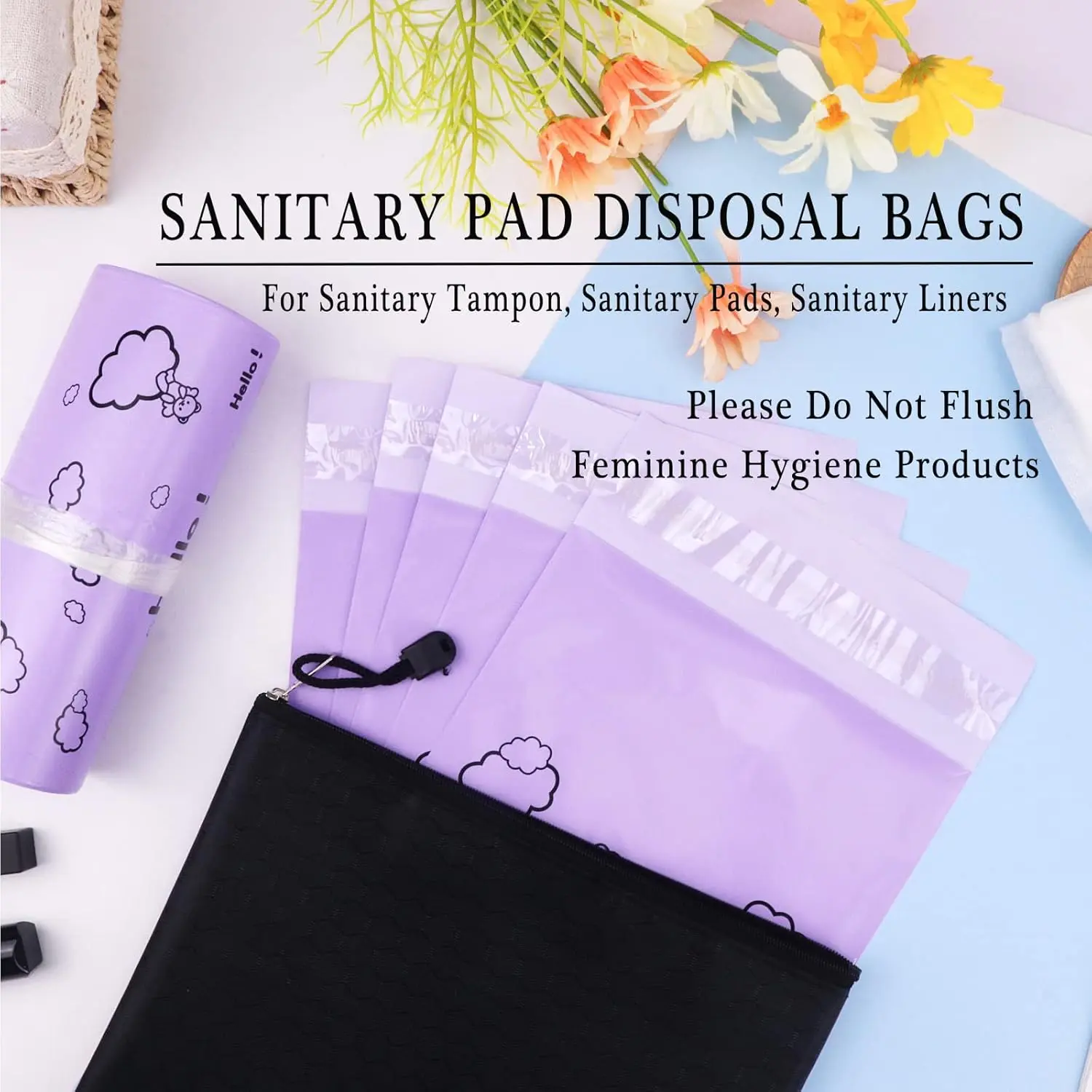 This image shows a pack of 100 purple opaque sanitary disposal bags designed for discreetly disposing of feminine hygiene products like tampons and pads, along with a black storage bag for convenient carrying.