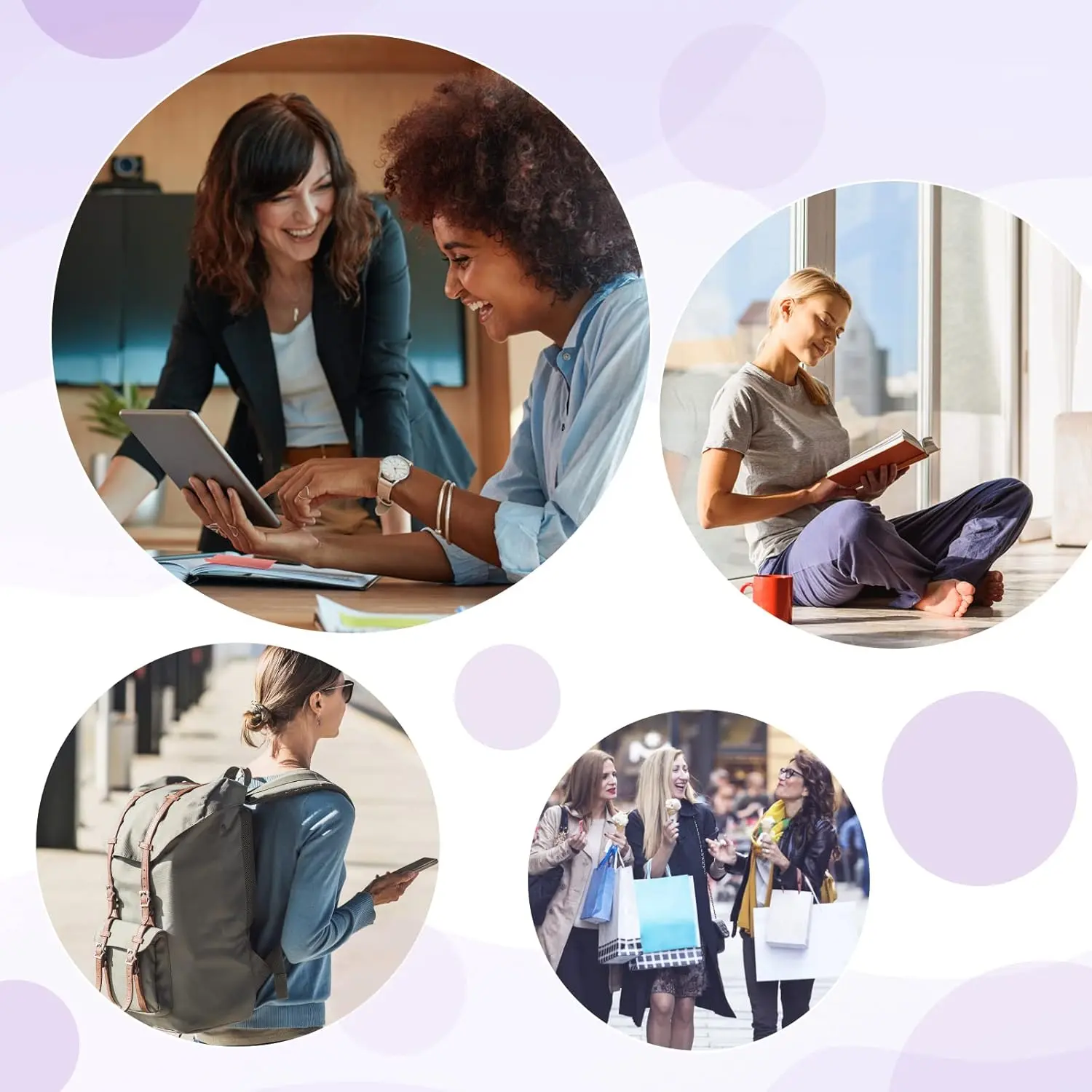 This image shows a pack of 100 purple opaque sanitary disposal bags designed for discreetly disposing of feminine hygiene products like tampons and pads, along with a black storage bag for convenient carrying.