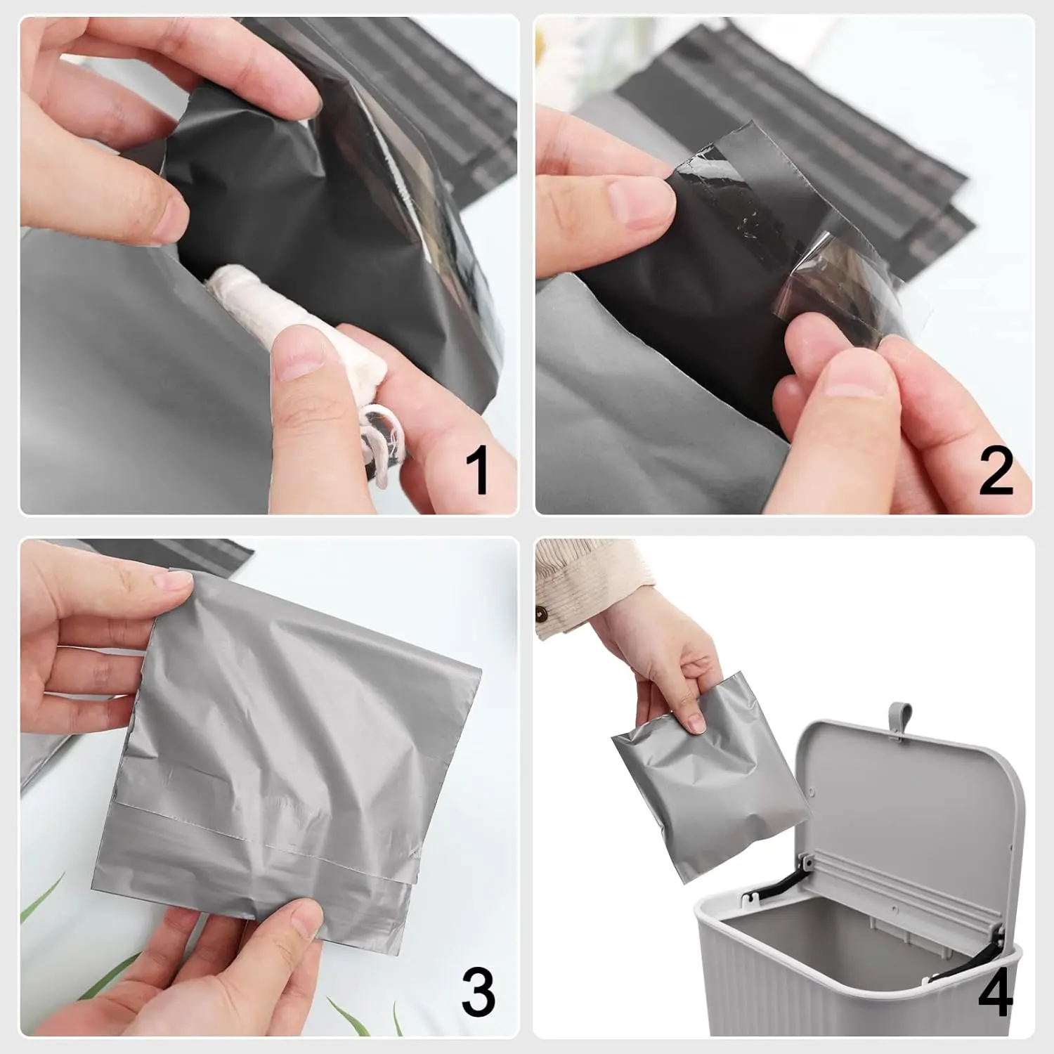 This pack contains 200 gray, opaque sanitary disposal bags with a tape seal for discreet and leak-proof disposal of feminine hygiene products like pads and tampons, along with two storage bags for portability.