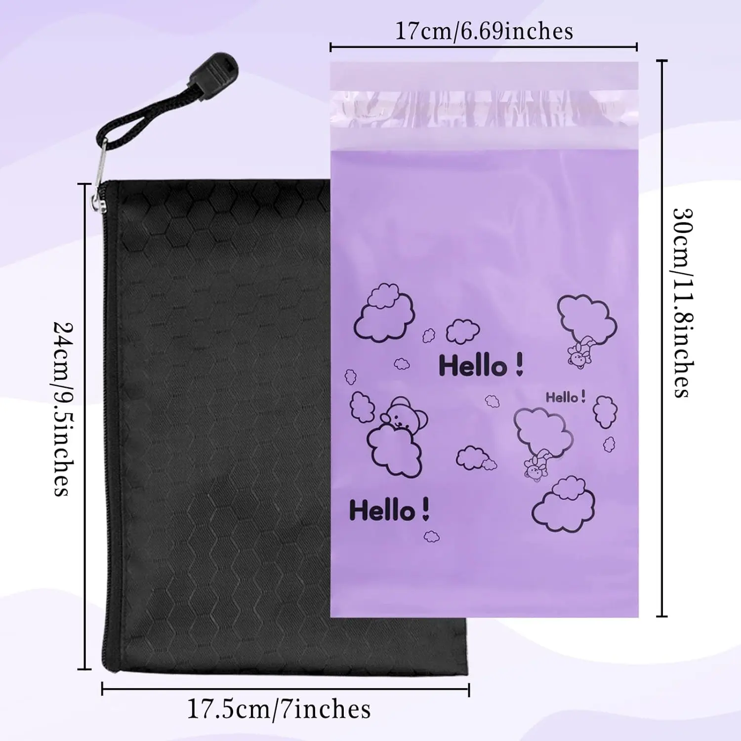 This image shows a pack of 100 purple opaque sanitary disposal bags designed for discreetly disposing of feminine hygiene products like tampons and pads, along with a black storage bag for convenient carrying.
