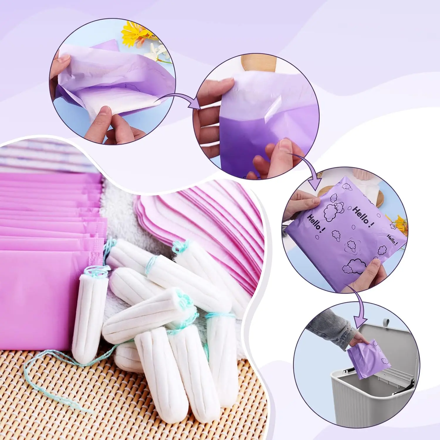This image shows a pack of 100 purple opaque sanitary disposal bags designed for discreetly disposing of feminine hygiene products like tampons and pads, along with a black storage bag for convenient carrying.