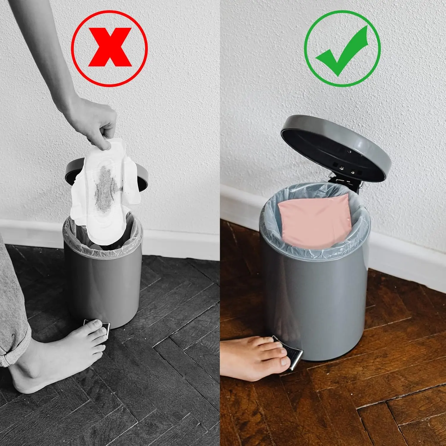 100 pink sanitary disposal bags for discreetly discarding tampons, pads, liners, and wet wipes, featuring a strong self-adhesive seal to lock in odors, and made from durable, waterproof plastic.