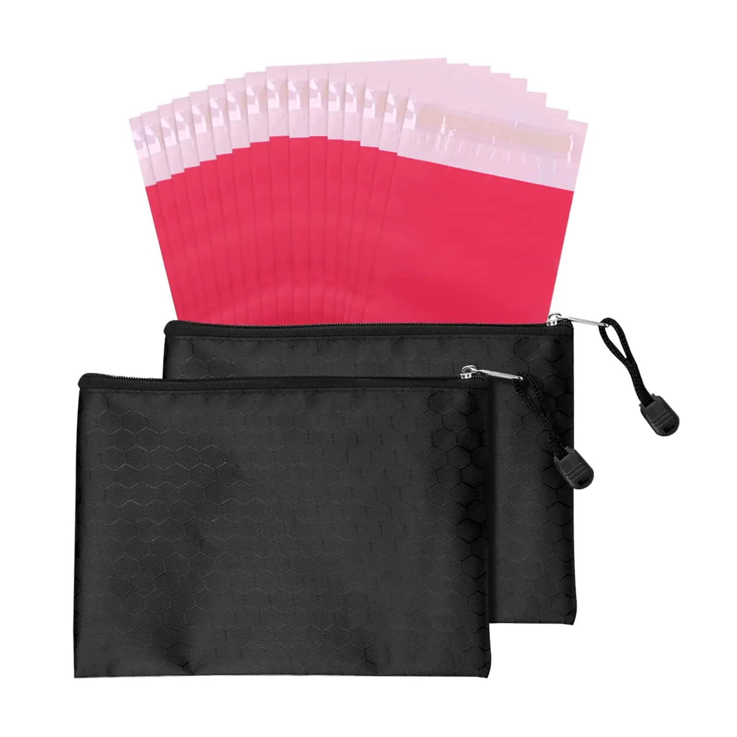 Pink sanitary disposal bags for discreetly disposing of tampons, pads, and liners, featuring an opaque design and included storage bag.