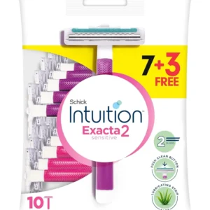 This image shows Schick Exacta2 disposable razors for sensitive skin, featuring lubricating strip with Aloe and Vitamin E, plus a push clean button.