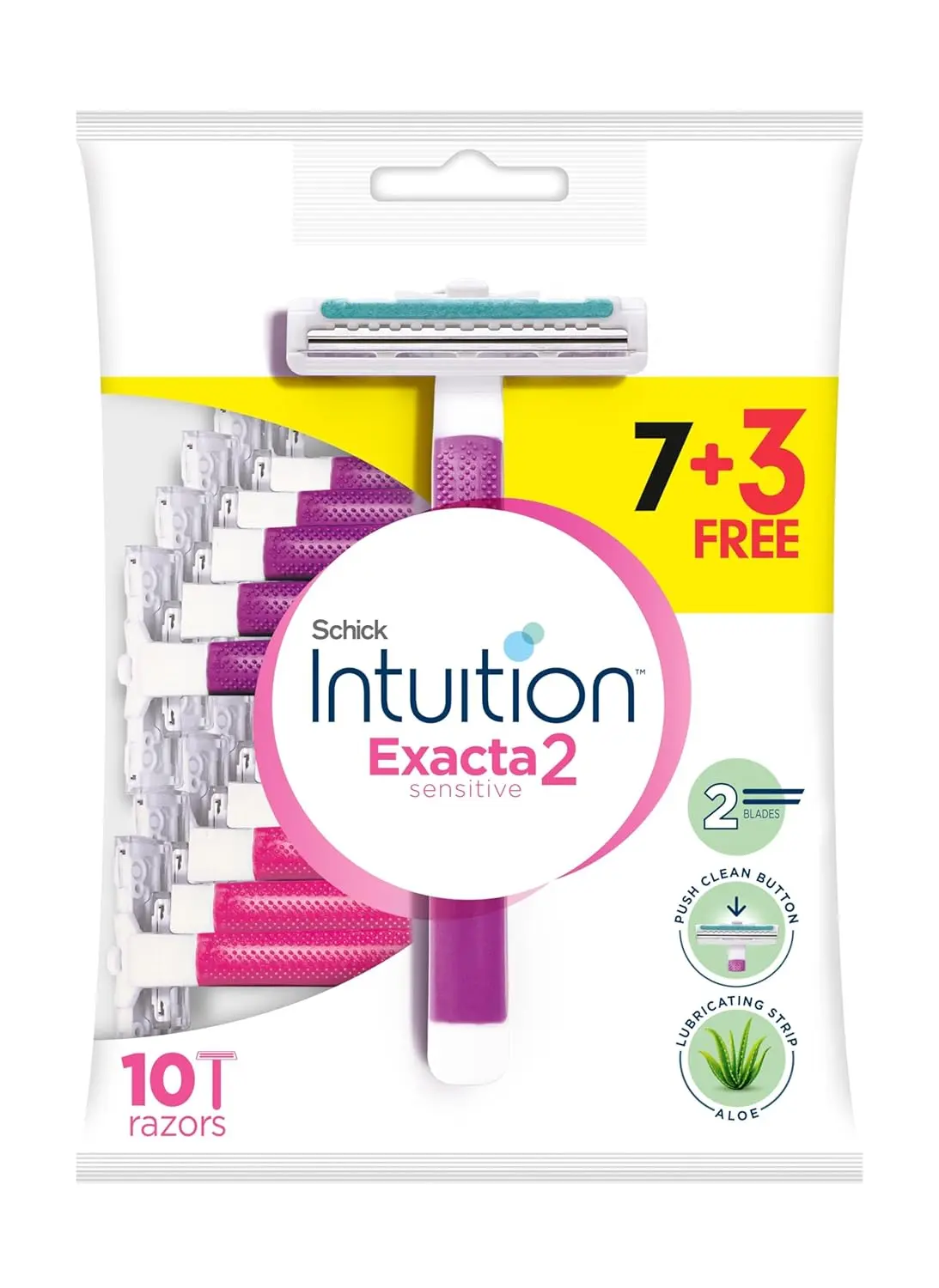 This image shows Schick Exacta2 disposable razors for sensitive skin, featuring lubricating strip with Aloe and Vitamin E, plus a push clean button.