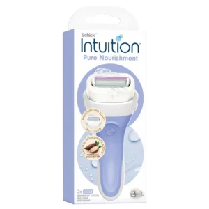 Schick Intuition Pure Nourishment razor for women provides a close, smooth shave with cocoa butter moisturizing bar, eliminating the need for shaving cream.