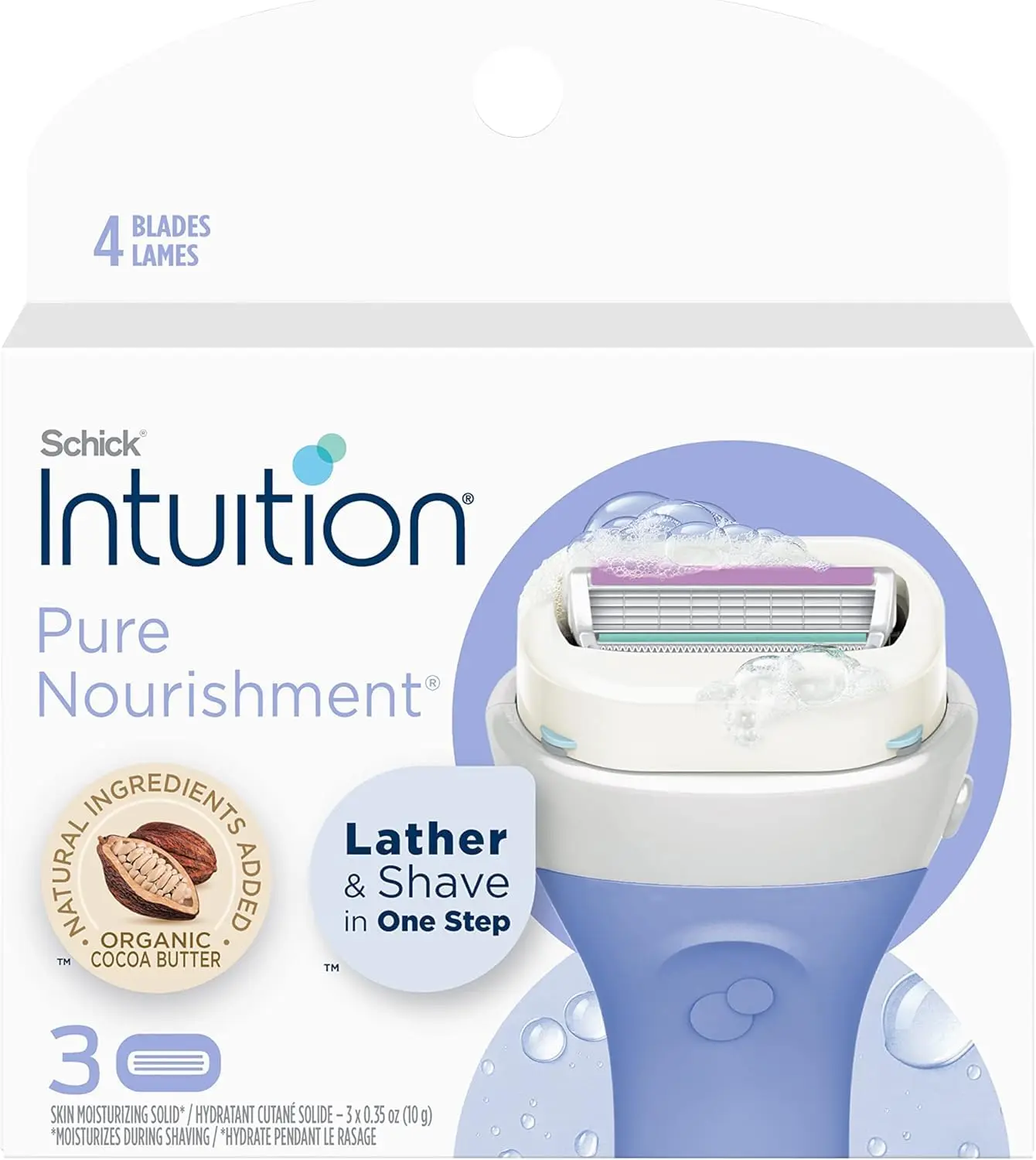 Schick Intuition Pure Nourishment razor refill cartridges with four blades and skin conditioning solid enriched with coconut milk and almond oil for a smooth, moisturized shave.