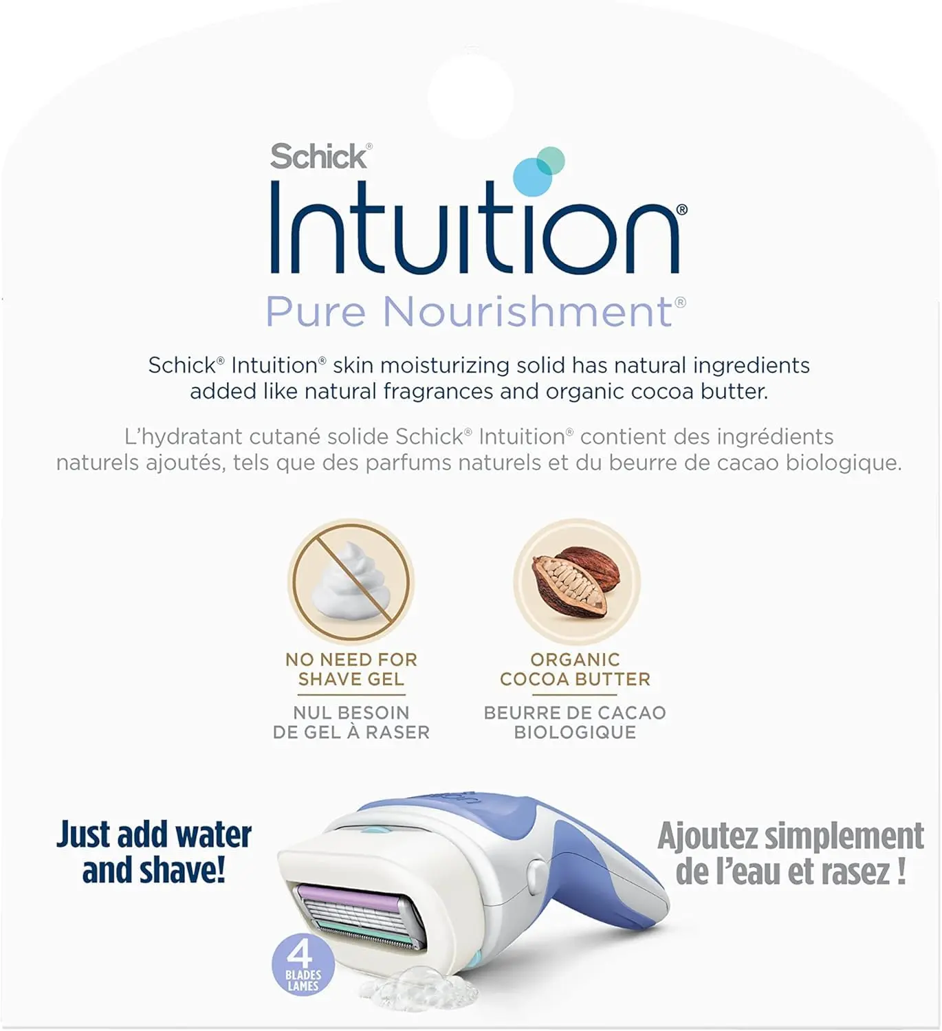 Schick Intuition Pure Nourishment razor refill cartridges with four blades and skin conditioning solid enriched with coconut milk and almond oil for a smooth, moisturized shave.
