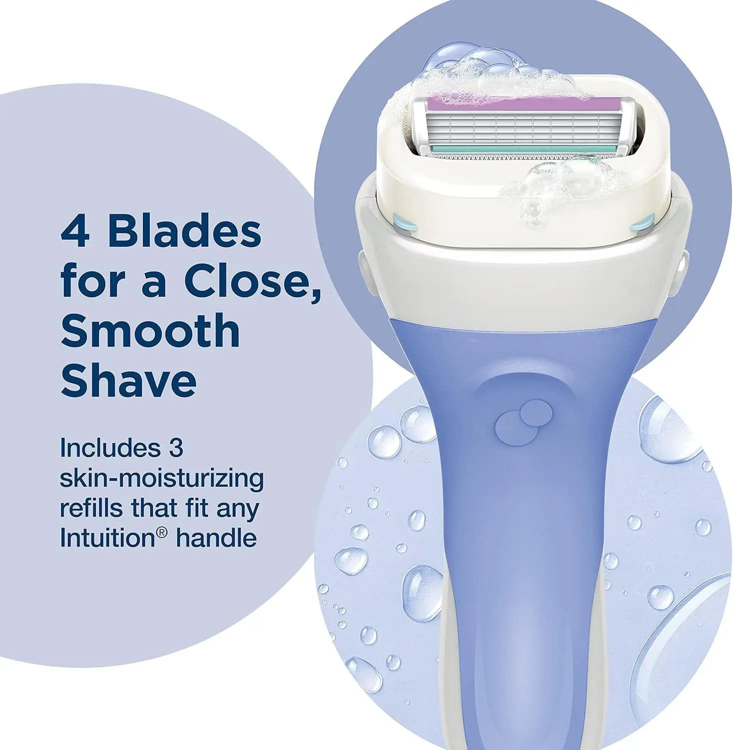 Schick Intuition Pure Nourishment razor refill cartridges with four blades and skin conditioning solid enriched with coconut milk and almond oil for a smooth, moisturized shave.